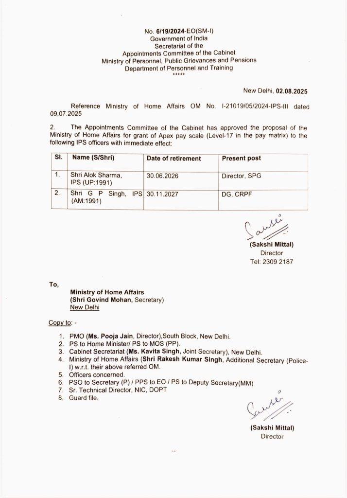 RT by @Kartike01897881: 📍#Delhi Alok Sharma and GP Singh Elevated to Apex Pay Scale in Key Security Positions the Central Government has approved the apex pay scale for two senior #IPS officers Alok S