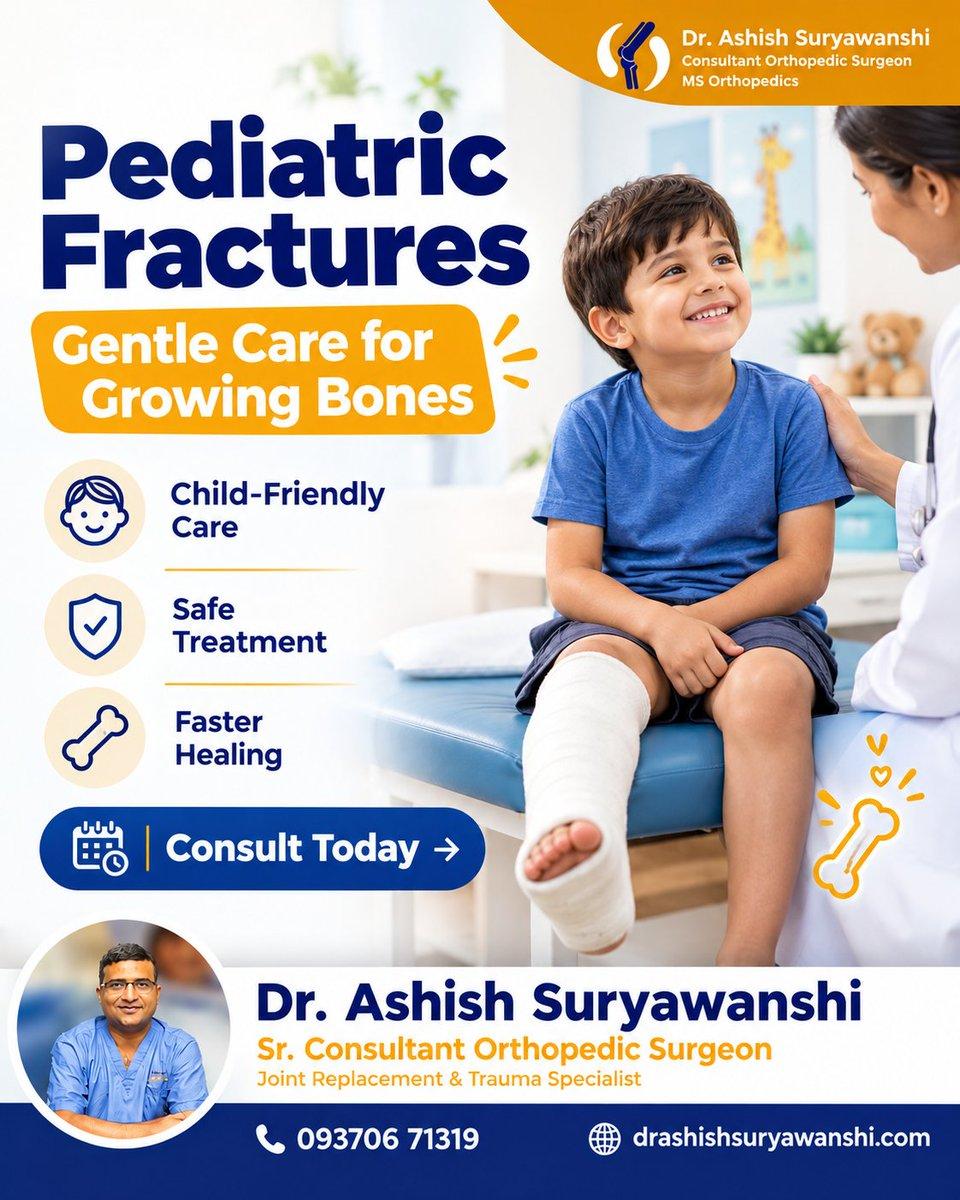 Specialized pediatric fracture care ensures safe healing for growing bones and joints. #DrAshishSuryawanshi #Pune #PediatricFracture #ChildOrthopedics #BoneCare #OrthopedicSurgeon #Healthcare #Trendin
