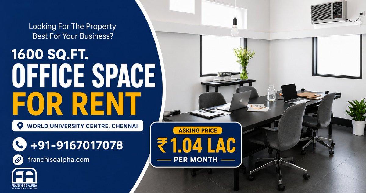 🏢 1,600 sq.ft. semi-furnished office for rent in World University Centre, Chennai! 💰 ₹1.04L/month | Personal Washroom 💼 Ideal for corporates, startups, IT, consultancies & training centres. 📞 91670170