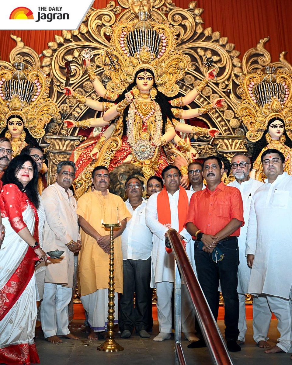 West Bengal Chief Minister Suvendu Adhikari posed for a group photograph alongside BJP State President Samik Bhattacharya and party leaders during the inauguration of the iconic Santosh Mitra Square D