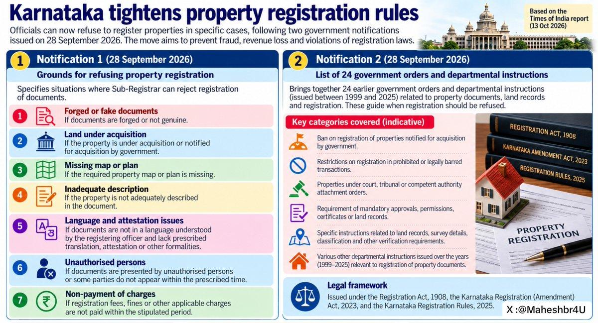■ Attention : Property Buyers in & ■ 🔹Govt has issued 2 notifications on 28/09/2026 , to avoid fraudulent property registrations. 🔹 Registration may be refused for forged document