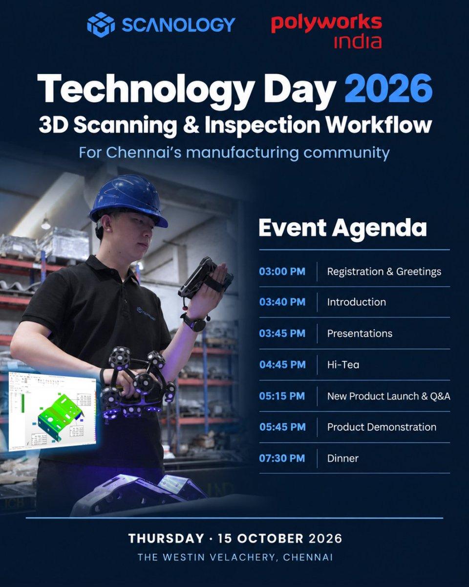 Chennai, see you tomorrow! SCANOLOGY × @PolyWorksIndia 3D scanning & inspection for local manufacturers. Talks · New product launch · Live demos 15 Oct, 3 PM | The Westin Velachery