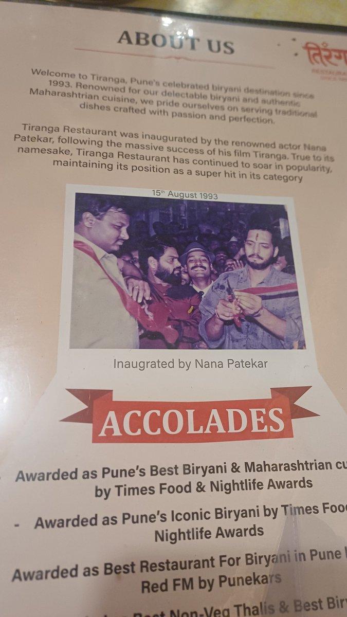 I was in #pune on 6th Oct i visited #tiranga #restaurant to have #dinner and while ordering i read this..it was ingurated by #nanaPatekar and soon after came the news.. a restaurant named after his mo