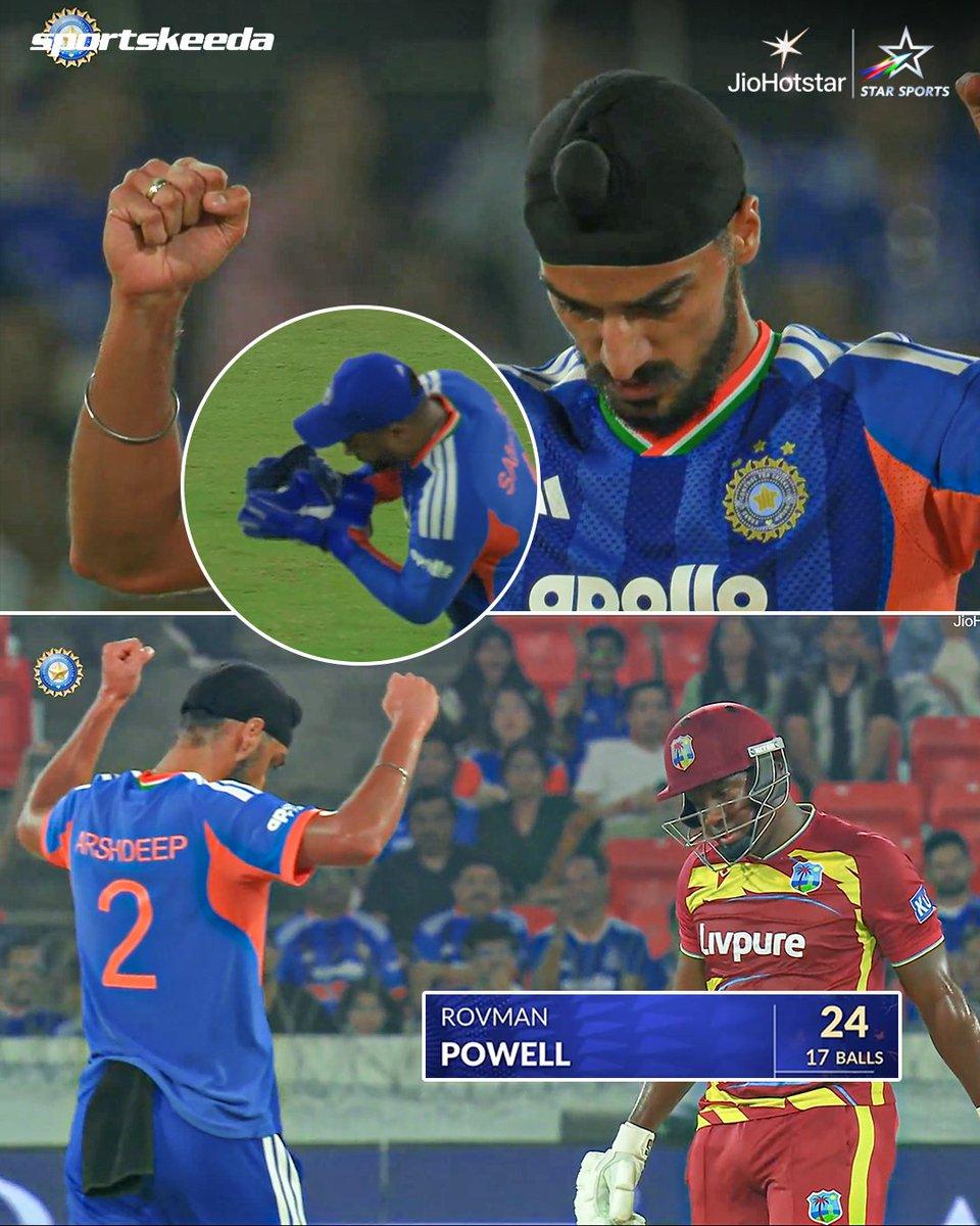 Arshdeep Singh gets rid of Rovman Powell! 🇮🇳💥 The West Indies pinch-hitter departs after a short cameo in this must-win clash! ❌ 🌴 - 156/3 (12.5) #INDvWI #T20Is #Hyderabad #Sportskeeda