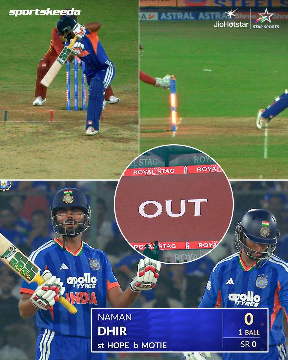 Naman Dhir departs for a golden duck! 🦆❌ Gudakesh Motie strikes twice in two deliveries. Hard luck for the Indian all-rounder! 👀 #INDvWI #T20Is #Hyderabad #Sportskeeda