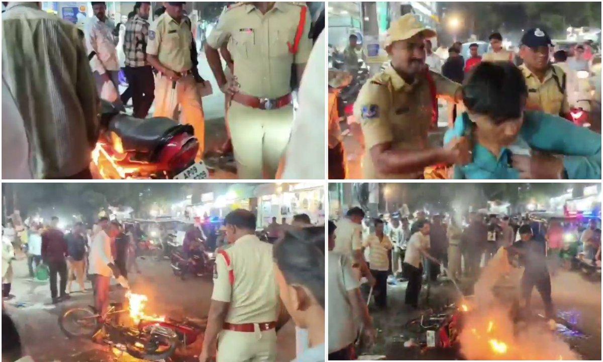 A youth set his bike on fire in Falaknuma on Tuesday night after police checking vehicles in Chashma said they would issue a challan for its expired RC. Police doused the flames and took him into cust