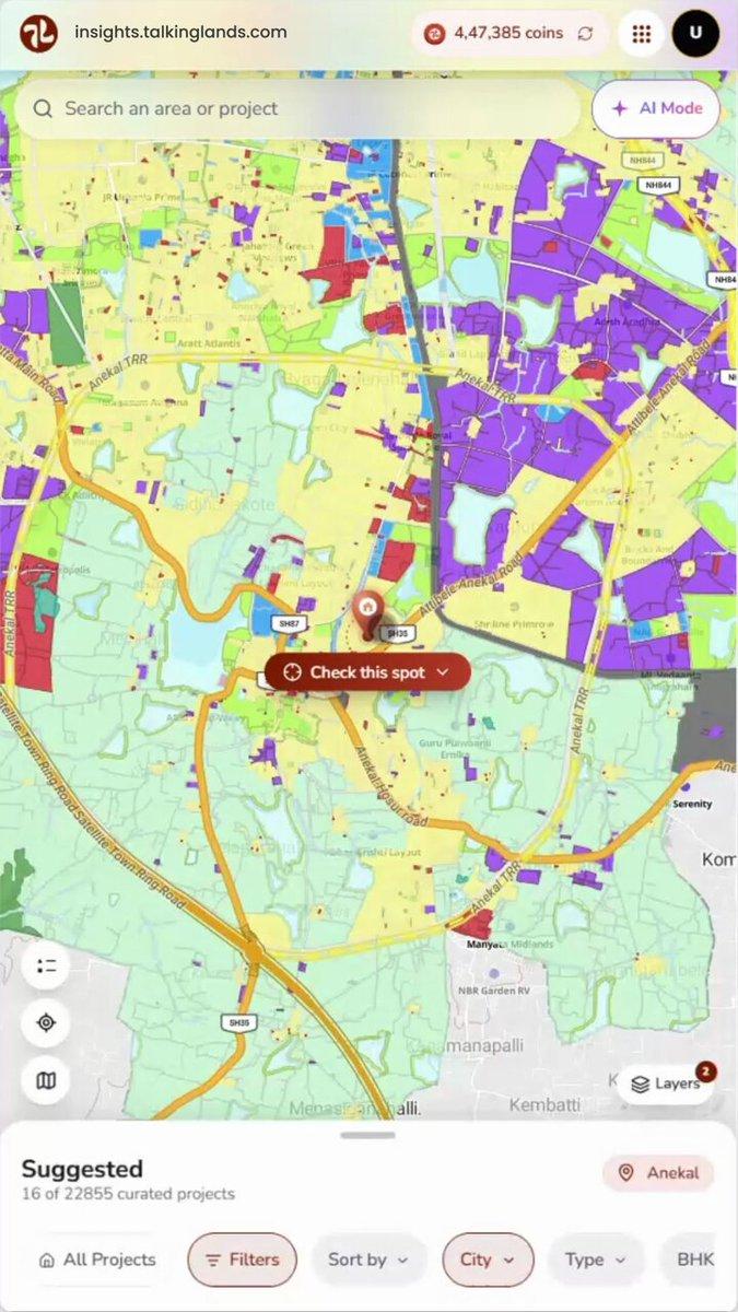 Buying land in Anekal? Check Master Plan 2031! 📍 402 sq km · 169 villages. Zoning defines what you can build. 🟣 Industrial | 🟡 Residential | 🔵 Commercial 🟢 Agricultural | 🌲 Forest | 💧 Lake buffers 🛰️