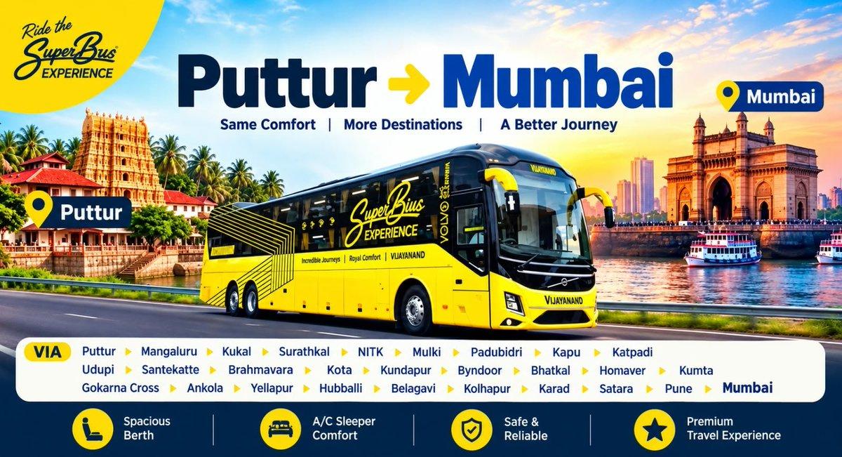 🚍 Good news for Coastal Karnataka! VRL’s SuperBus connects Puttur and Mumbai! 📍 Mumbai → Puttur: From Oct 15 📍 Puttur → Mumbai: From Oct 16 A new travel option connecting Coastal Karnataka with Mumbai