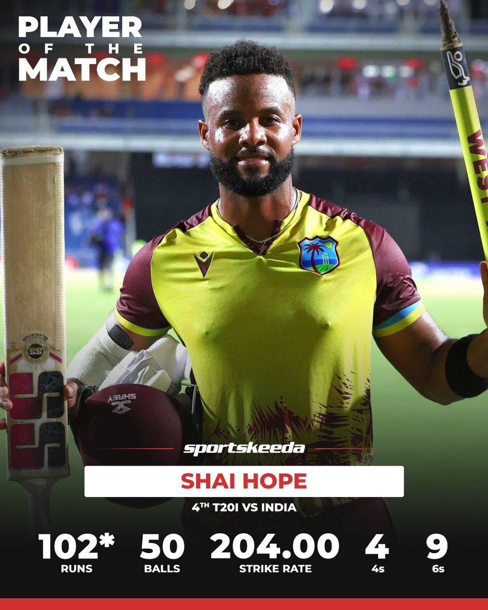 The West Indies skipper Shai Hope bags the Player of the Match award for his unbeaten century in the must-win clash! 🌴🎖️ #INDvWI #T20Is #Hyderabad #Sportskeeda