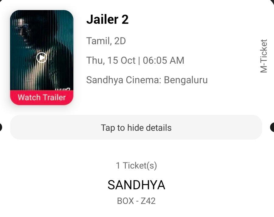 One FDFS Ticket Available at Sandhya Cinemas Madiwala...Ticket Price 1000 Counter Price..DM If Interested #Jailer2 #Bangalore #Bengaluru #Karnataka #Rajini #Thalaiva #Madiwala #Koramangala #Hosur #FDF