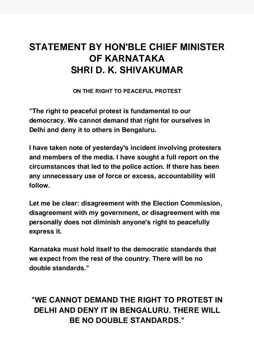 CM @DKShivakumar seeks full report on the circumstances that led to the police's actions during yesterday's protest and promises accountability. @DeccanHerald