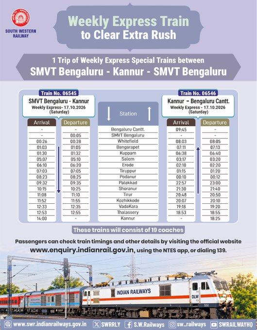 Kindly Note: To facilitate convenient travel and cater to the additional passenger rush during #Dasara, South Western Railway will operate special express trains between SMVT #Bengaluru and Kannur. #S