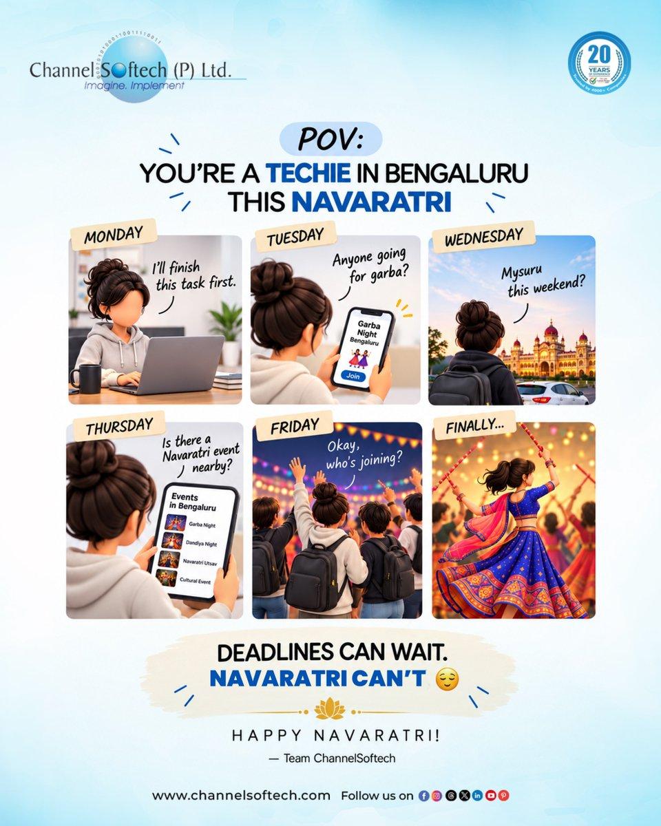 POV: You’re a techie in Bengaluru during Navaratri. 😄💻 Monday: “I’ll finish this task first.” By Wednesday: “Mysuru this weekend?” By Friday: “Okay, who’s joining?” 💃🕺 Because deadlines can wait… Nava