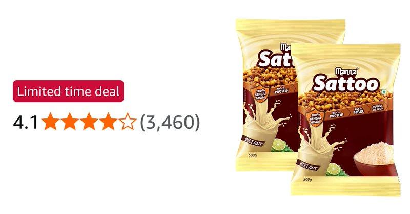 Manna Sattu Powder 1kg 🔻OFF: 83% | 🏷️ Price: ₹74 (₹430) https://link.amazon/B09UYuwDf MuscleBlaze WrathX Energy Drink, Frostbyte, 335ml 🔻OFF: 76% | 🏷️ Price: ₹29 (₹120) http