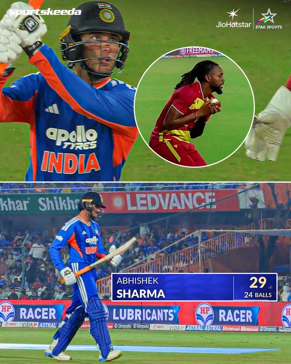 Abhishek Sharma departs after a below-par knock of 29 (24) by his standards! ☝️👀 Gudakesh Motie gets the Indian opener, and West Indies are right on top! 💪🌴 🇮🇳 - 130/4 (11.3) #INDvWI #T20Is #Hyderabad