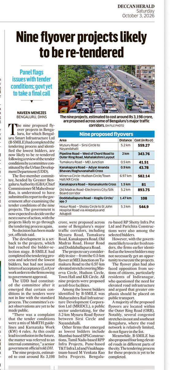 RT by @Dharmocratic: Nine proposed flyover projects in , estimated at ₹3,198 crore, are likely to be re-tendered after a government-appointed panel flagged issues with the tender conditions.