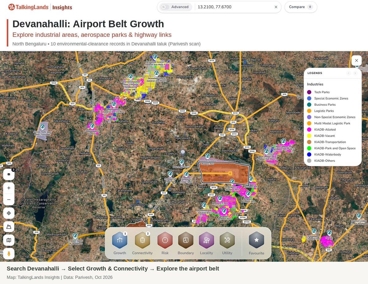 Where is Bengaluru’s airport belt growing? Our latest Parivesh scan lists 10 environmental-clearance records in Devanahalli taluk. Explore nearby airports, industrial areas, aerospace parks + highways