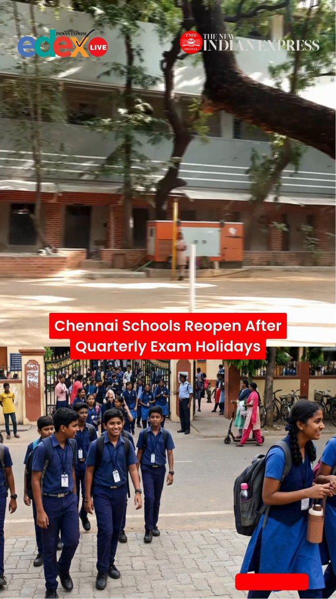 Schools across Chennai have reopened after the quarterly examination holidays, with students returning to classrooms as the new academic schedule resumes. Video Source: PTI @xpresstn