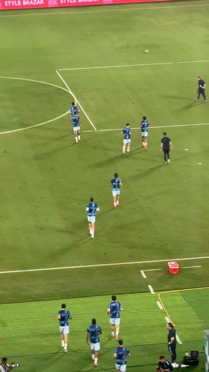 Uruguay players are coming out for the pre-match warmup ahead of the India match.