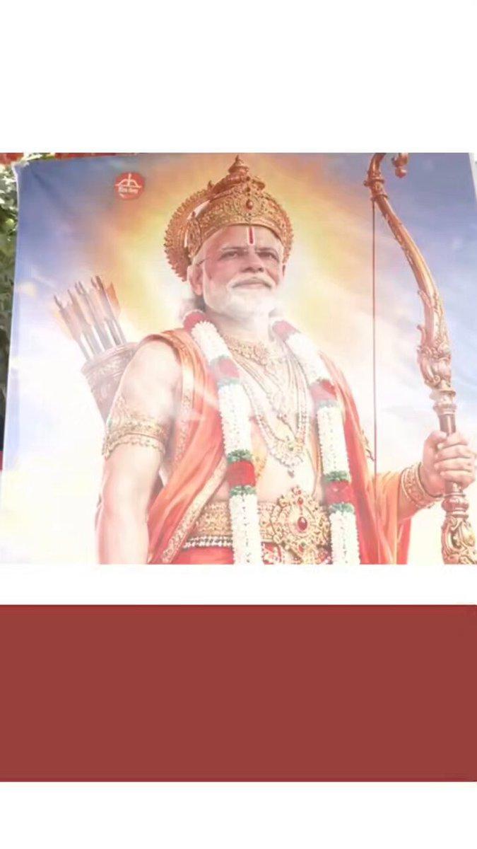 PM Modi as Ram. Amit Shah as Lakshman. Eknath Shinde as Hanuman. These posters appeared at a Telangana Shiv Sena celebration in Hyderabad’s Himayat Nagar, marking PM Narendra Modi’s 25 years in politi