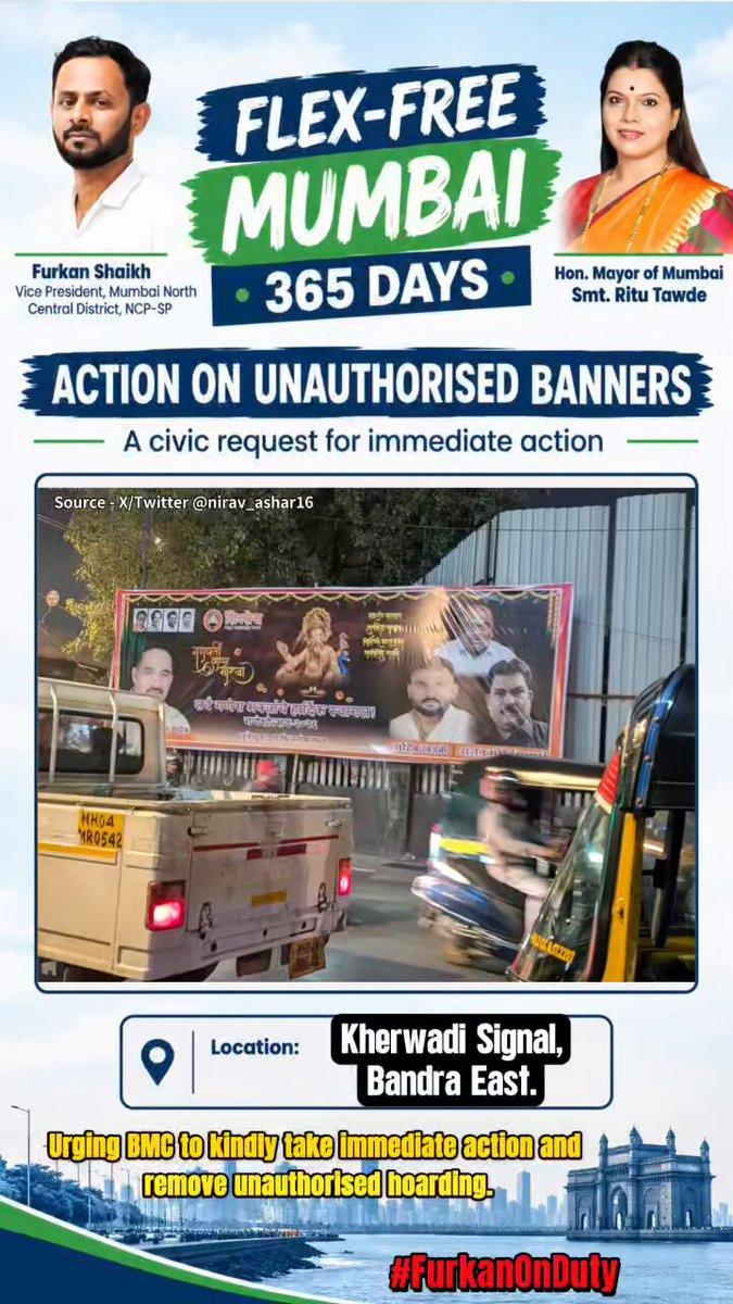 Mayor ji, 365 days of Flex-Free Mumbai—but this banner at Kherwadi Signal, Bandra East, is still enjoying its freedom! @mybmc @mybmcWardHE , please act. @mayor_mumbai @TawdeRitu T-3