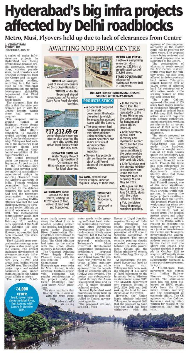 RT by @chvijay24: #Delhi clearances slowing #Hyderabad’s infra push. • Metro-II: 122.9 km | ₹38,595 Cr • Sewerage plan: ₹17,212.69 Cr • Musi trunk sewer: ₹4,000 Cr • #Metro-I takeover/₹13,600 Cr loan: