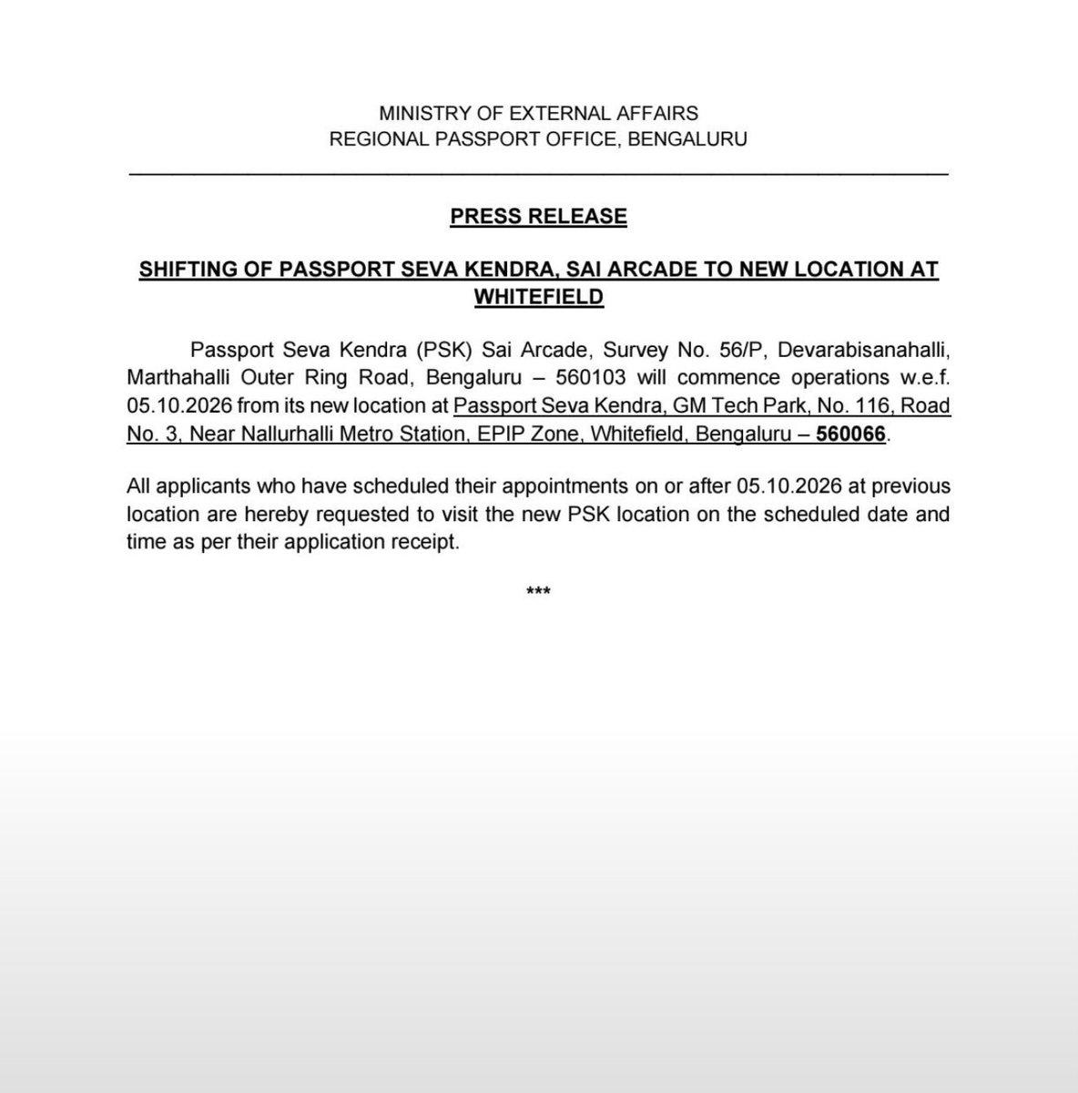 RT by @timesofindia: : The Passport Office at Devarabeesanahalli on ORR will be shifted to GM Tech Park near Nallurhalli metro station in Whitefield area. It will be operational starting tod