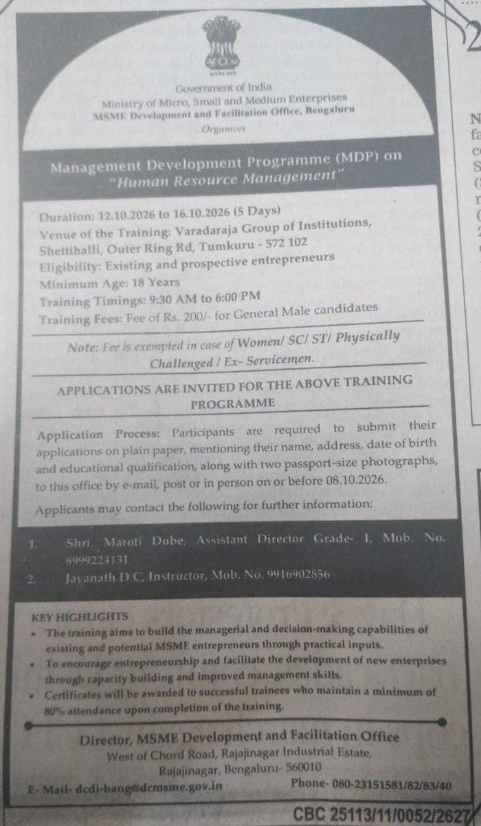 Interested Individuals / Organisations, please apply. TOI, BLR, Page No. 6, Dated 5 Oct 2026. Thanks!