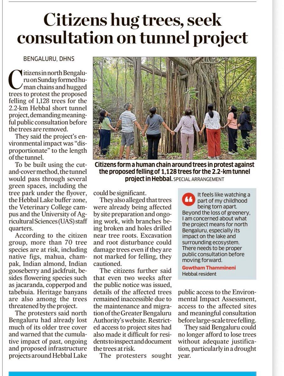 Citizens formed a human chain around trees in Hebbal on Sunday, protesting the proposed felling of 1,128 trees for the 2.2-km Hebbal short tunnel project and demanding a meaningful public consultation