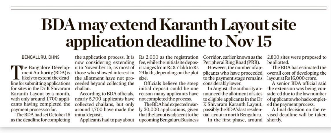 BDA may extend the deadline for applications to sites in Dr K Shivaram Karanth Layout by a month to November 15, as only around 1,700 applicants have completed the payment process. Nearly 5,700 applic