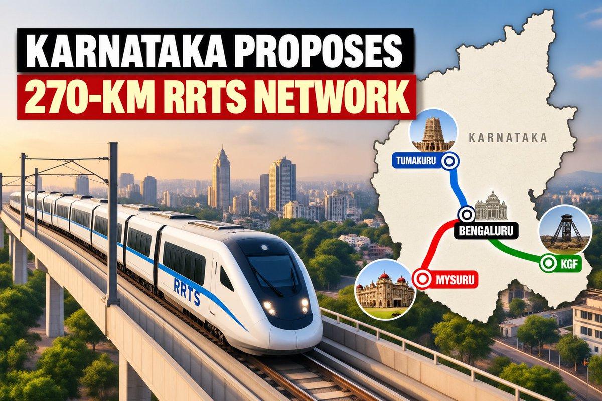 🚨 Karnataka proposes a 270-km RRTS network! The proposed network would connect Bengaluru with Tumakuru, Mysuru and Kolar Gold Fields (KGF), aiming to strengthen regional connectivity.