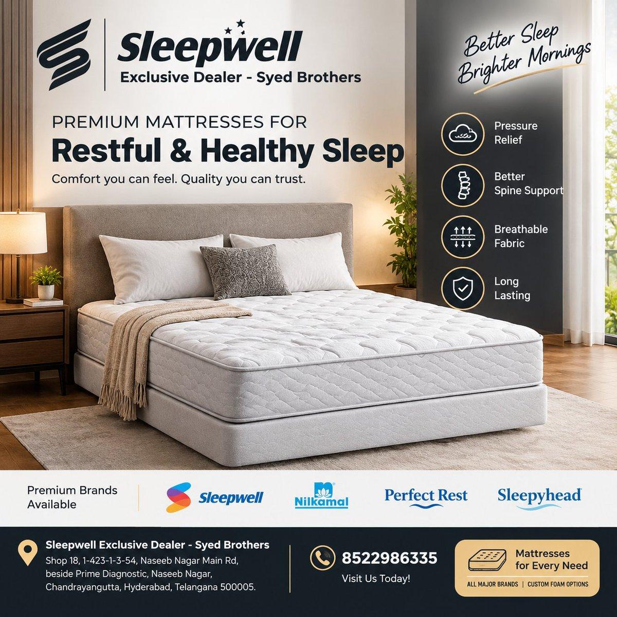 🛏️ Looking for a comfortable mattress in Hyderabad? Explore Sleepwell, Nilkamal, Perfect Rest & Sleepyhead mattresses at Sleepwell Exclusive Dealer – Syed Brothers, Chandrayangutta. Custom foam mattre