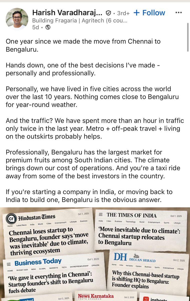 RT by @yogesa: Pleased to hear such stories about BLR 🏙️ Founder shifted from Chennai to BLR, considering as best decision🤩 Many firms have shifted from HQ to BLR over the years ( Zepto, At