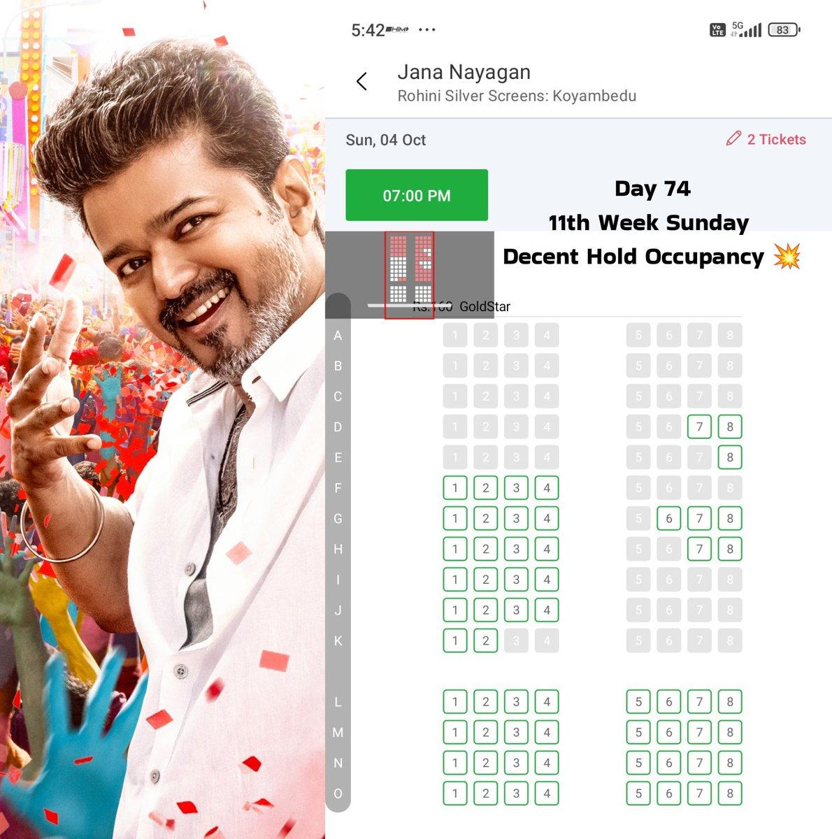 RT by @Ragunanthen: 74th Day 11th Week Sunday Decent Hold occupancy 💥 🔹#Chennai: Rohini [Screenshot taken 1 hr + bfr the show] 74 Days @actorvijay