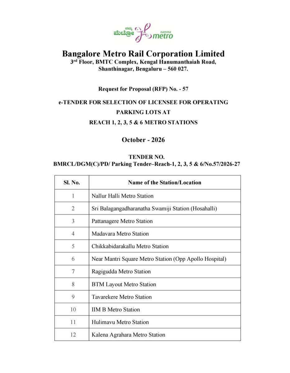Tenders invited for parking lots at 12 Namma Metro stations.