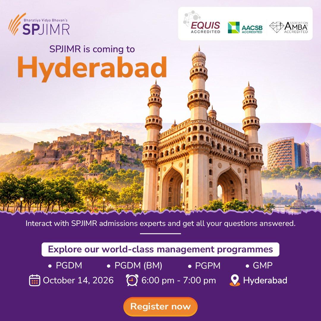 Come meet the SPJIMR Admissions experts in Hyderabad and explore programmes designed to build future-ready, responsible leaders. Register Now: https://lnkd.in/eZcZEHdR #