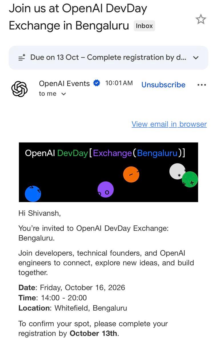 Got the invite ⚡ Heading to @OpenAI DevDay Exchange - Bengaluru 🇮🇳 Excited to meet @OpenAIDevs, engineers, founders & builders shipping AI in the real world -> agents, LLMOps, multimodal/voice AI & de