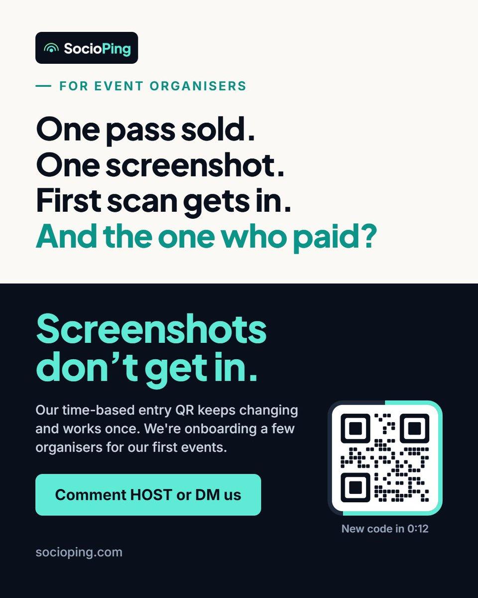 One pass sold. One screenshot. First scan gets in. And the one who paid? Our entry QR is time-based and works once. Screenshots don't get in. Onboarding a few organisers in Bengaluru for our first eve