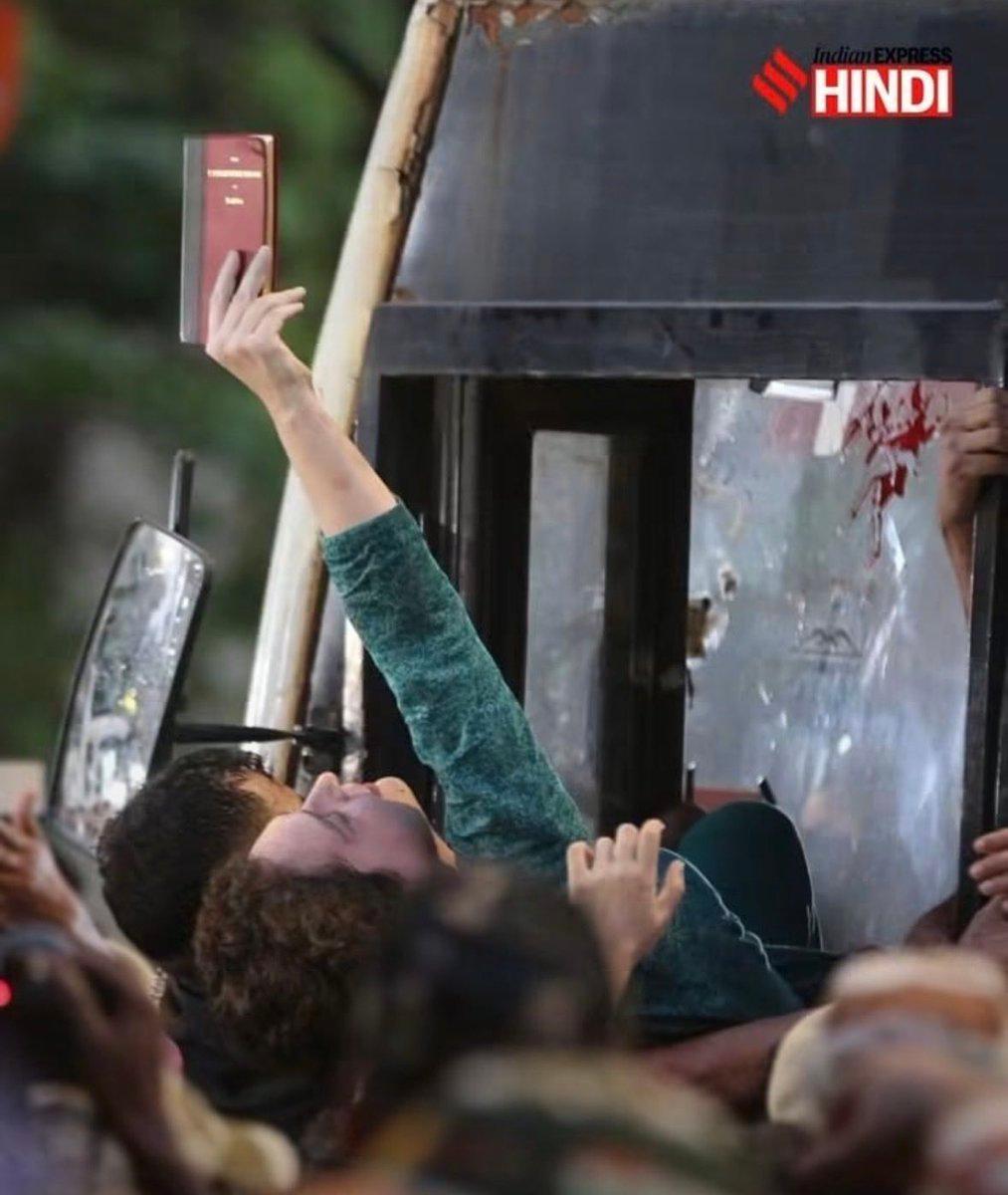 Sherni! The granddaughter of @priyankagandhi with Constitution of in hand being taken by police for asking for list [#SIR] accountability. Photo credit unknown.