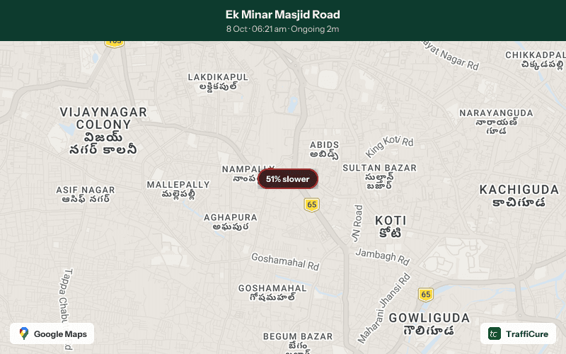 Congestion alert: Ek Minar Masjid Road 51% slower than usual 1 stretch affected along 0.6 km Current speed: 4 km/h Ongoing for 2 min and counting