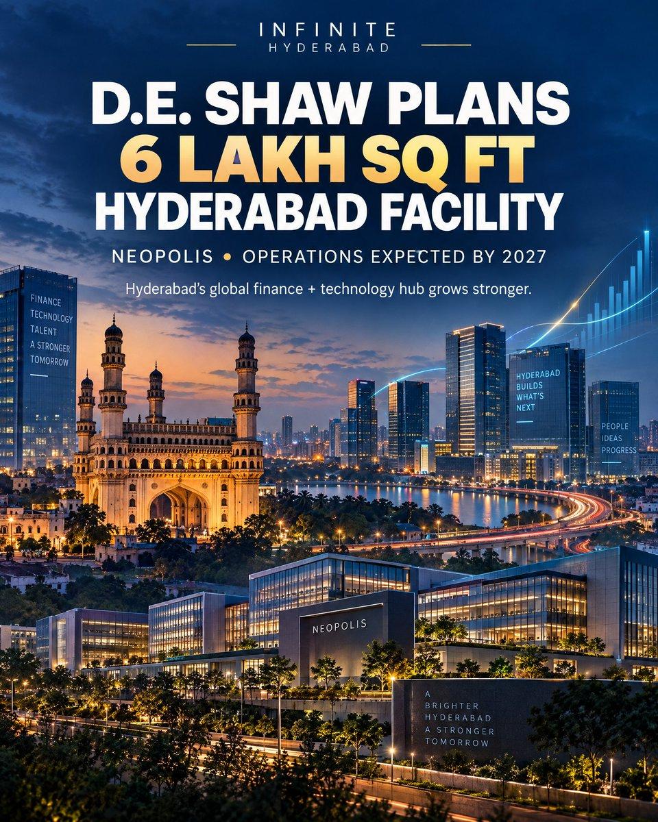 🏢 Hyderabad’s Financial Ecosystem Gets Another Big Push D.E. Shaw is planning a 6 lakh sq ft facility at Neopolis, with operations expected to begin by 2027. The expansion reinforces Hyderabad’s growi