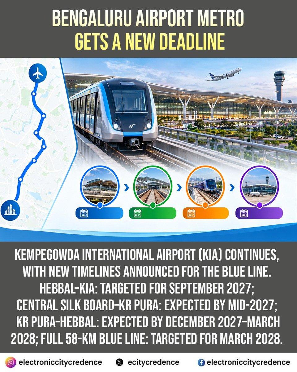🚇 Bengaluru Airport Metro gets a new deadline The 58-km Namma Metro Blue Line connecting Central Silk Board with KIA is now targeted for full operation by March 2028. ✈️ Hebbal–KIA: Sept 2027 🚇 Centra
