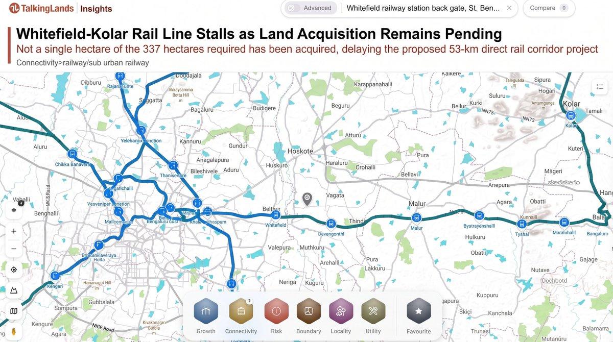 ⚠️ Whitefield–Kolar direct rail corridor stalls!Progress on the proposed 53-km railway line hits a wall as 0 out of 337 hectares of required land have been acquired. Hurdles in land handover stall reg