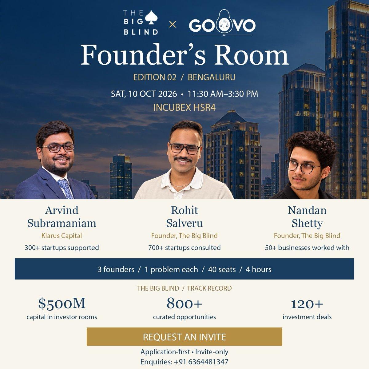 Room 01 was Hyderabad. Room 02 is Bengaluru. 🥑 40 founders. 3 hot seats. Each brings one real problem. 📅 Sat 10 Oct · 11:30 AM–3:30 PM 📍 Incubex HSR @thebigblind_ × GoAvo Request an invite 👇 https://w