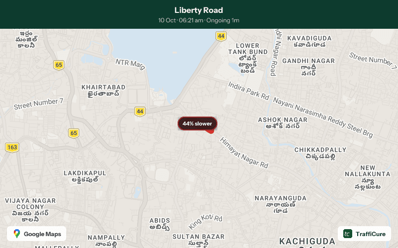 Congestion alert: Liberty Road 44% slower than usual 1 stretch affected along 0.7 km Current speed: 6 km/h Ongoing for 1 min and counting