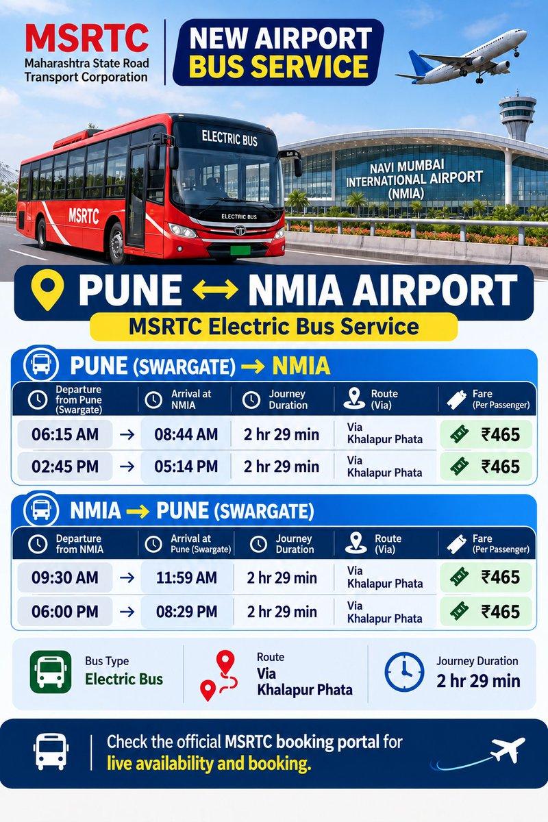Attention to Pune commuters ! MSRTC has just launched the airport service from Pune Swargate to Navi Mumbai international Airport Here is here is the time table as well as the fare --