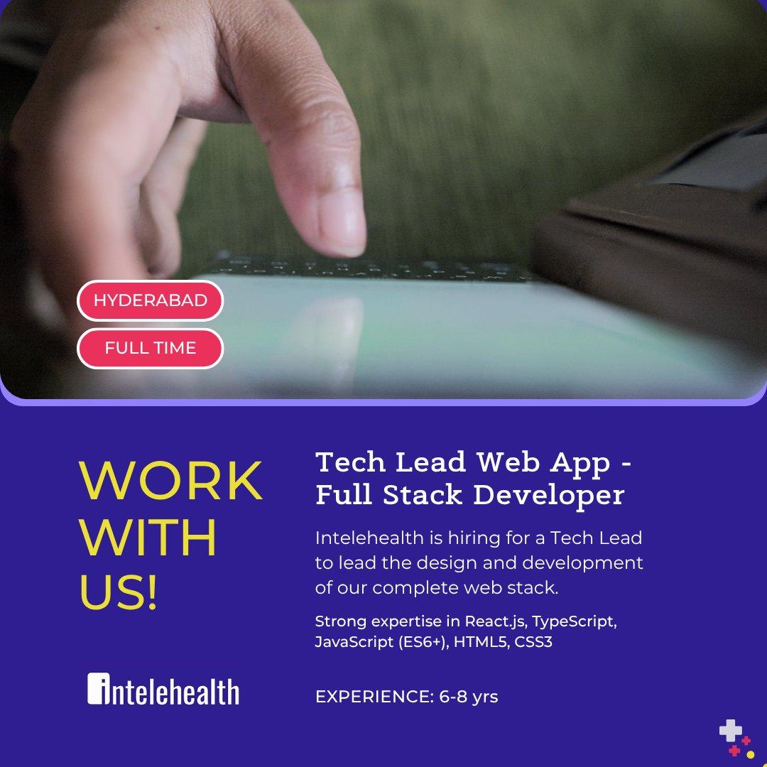 #WeAreHiring ➡️➡️Apply Here: https://intelehealth.zohorecruit.com/jobs/Careers/783954000008463010/Tech-Lead-Web-App---Full-Stack-Developer?source=CareerSite 👩‍💻👨‍💻Intelehealth is hiring for a Tech Lea