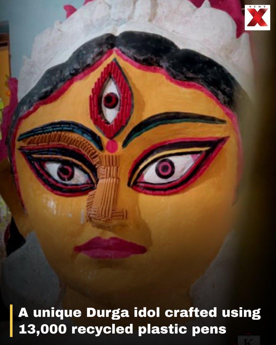 Kolkata artist Chandra Nath Saha creates a 5.5-foot Maa Durga sculpture using 13,000 recycled plastic pens, blending art, devotion and sustainability.
