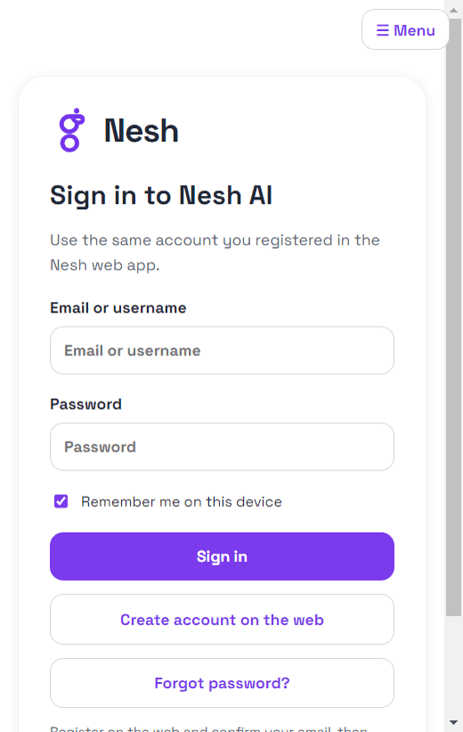 Nesh AI Windows app sign-in screen with the Nesh logo, email and password fields, and on-screen Menu