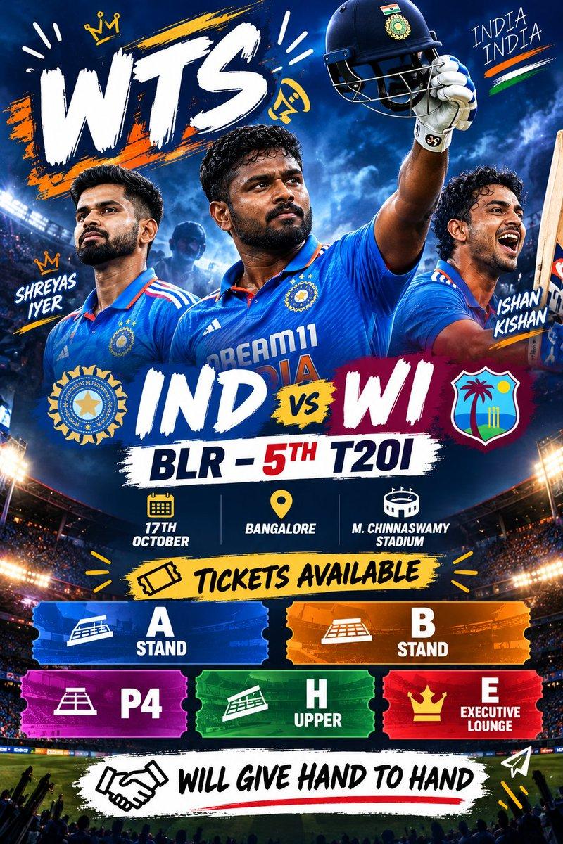 🏏🔥 WTS – IND 🇮🇳 vs WI 🇯🇲 | BLR 5th T20I 🎟️ Multiple stands available: A, B, P4, H Upper & E Executive Lounge. 🤝 Hand-to-hand delivery in Bangalore! 📩 DM for tickets & details. First come, first served